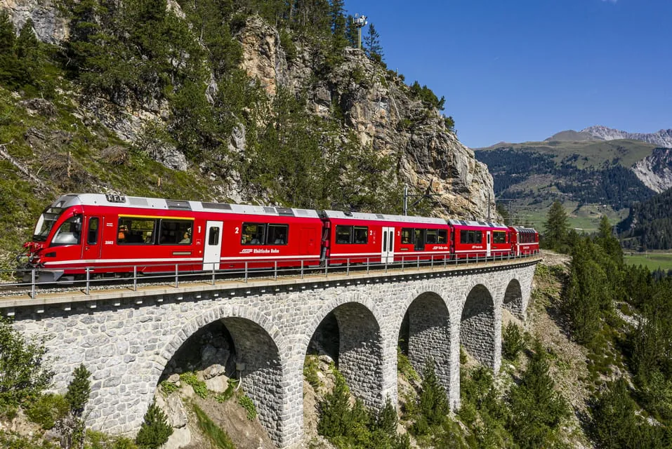 Bernina Express red train on the line to St. Moritz