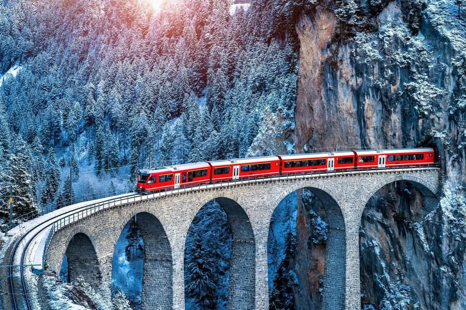 The red Bernina Express panoramic train